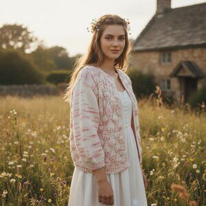 Handmade Pink & White Cable Knit Cardigan Cottagecore Cozy Chunky Sweater Large